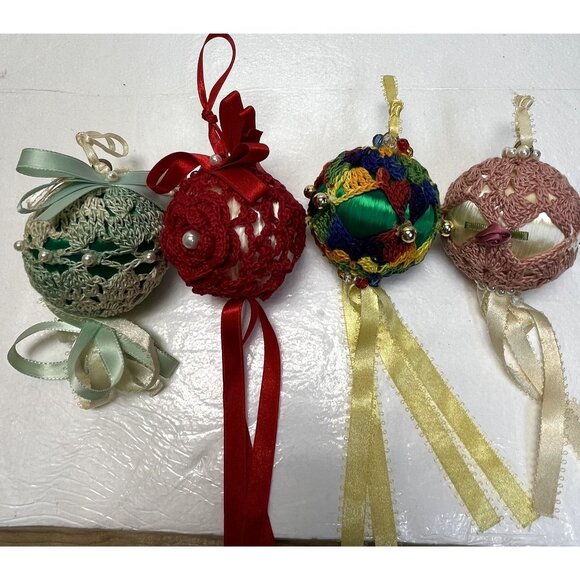 Set Of 4 Handmade Crochet Push Pin Ornaments With Ribbon Tassels Beaded Accents - Picture 2 of 7